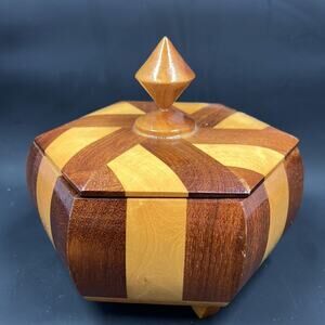 Vintage Marquetry Hexagonal Jewelry / Trinket Box, Artisan Wood Box